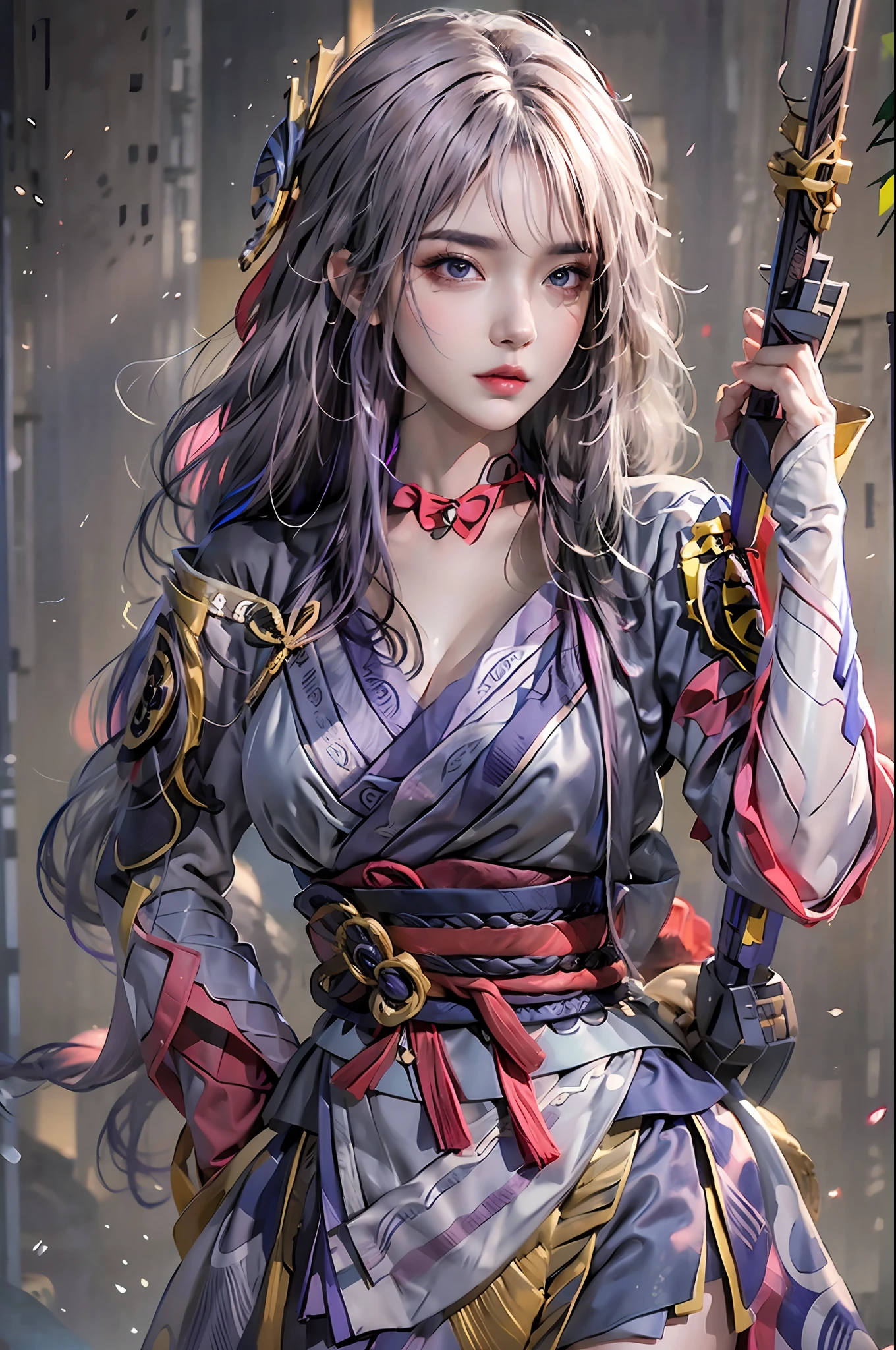 photoréaliste, Haute résolution, 1 fille, hanches levées, cheveux longs, Beaux yeux, sein normal, costume de shogun raiden