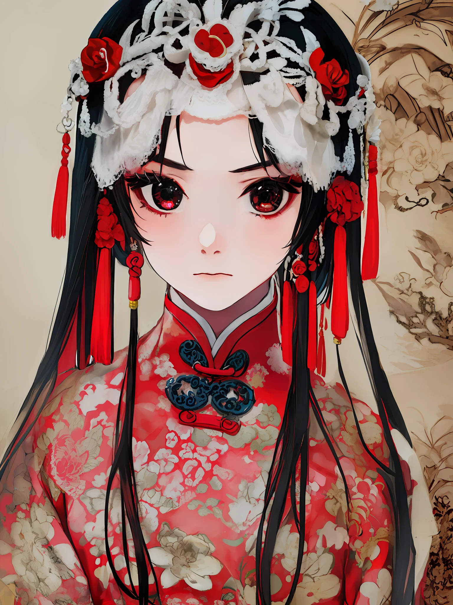 소녀 1명, 길고 검은 머리, 큰 눈이 영혼을 사로잡는다, 중국 전통의 붉은색 웨딩드레스를 입고  , 슬픈 표정,
