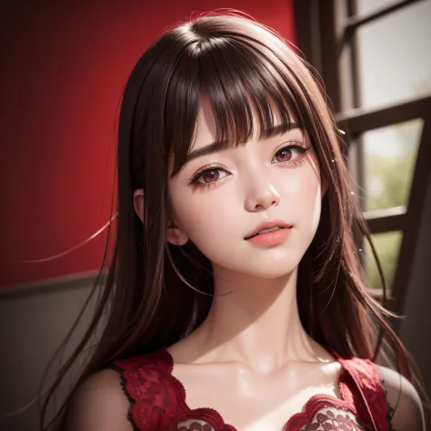 (8K、RAW Photos、Photorealsitic:1.25)、 dark red and bright red,, dark burgundy and bright crimson color,, , (lipgloss、Eye lashes、Shiny face、shinny skin、best qualtiy、超A high resolution、depth of fields、chromatic abberation、Caustics、Wide range of lighting、Natur...