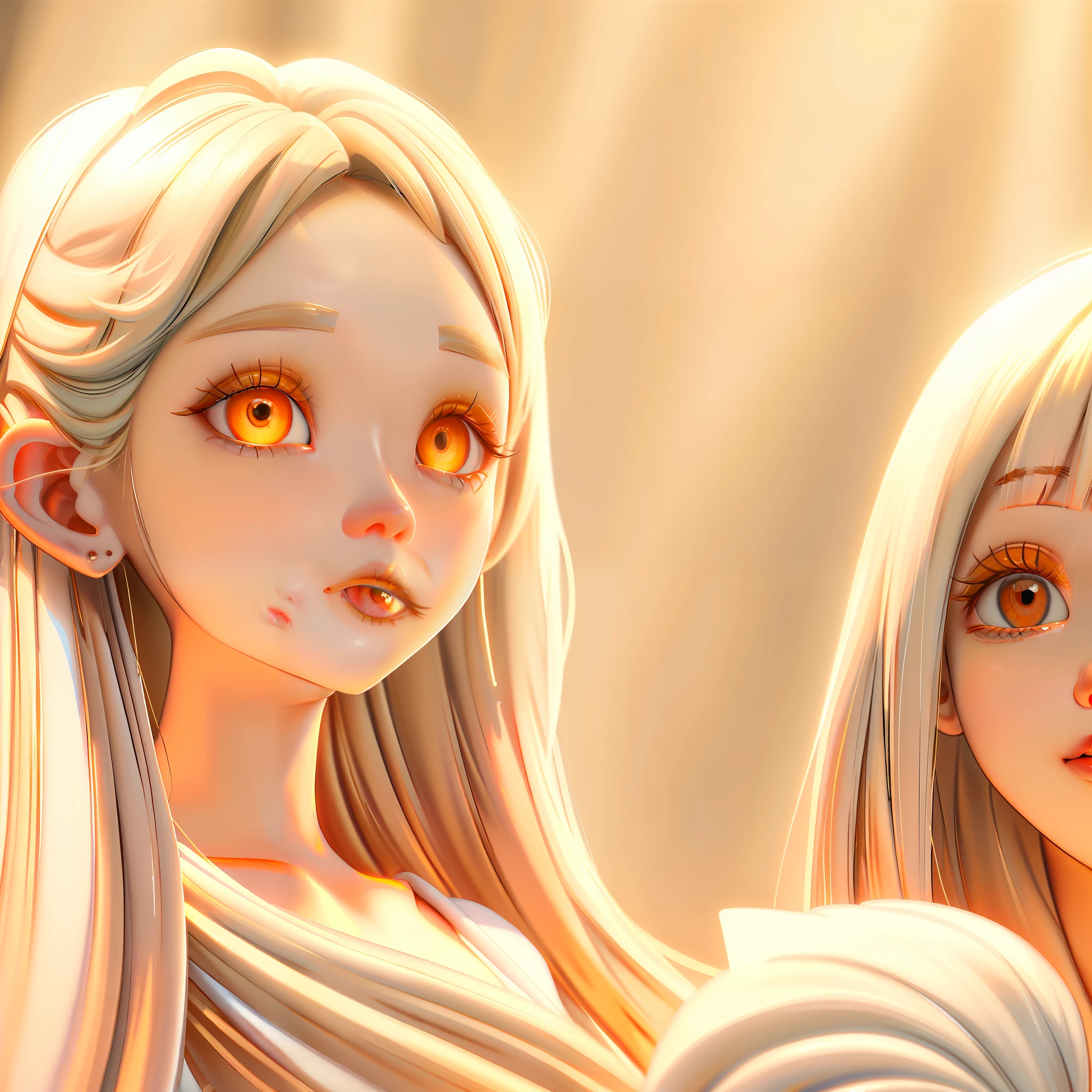 (masterpiece, best quality, ultra  face detailed, unreal engine 5), albino woman's face, bathed in warm orange hues, as if lit by the soft glow of a sunset, her eyes sparkling with joy and contentment, platinum blonde hair, heterochromia eyes, alone, solo,
(bjddoll:1.2), blonde