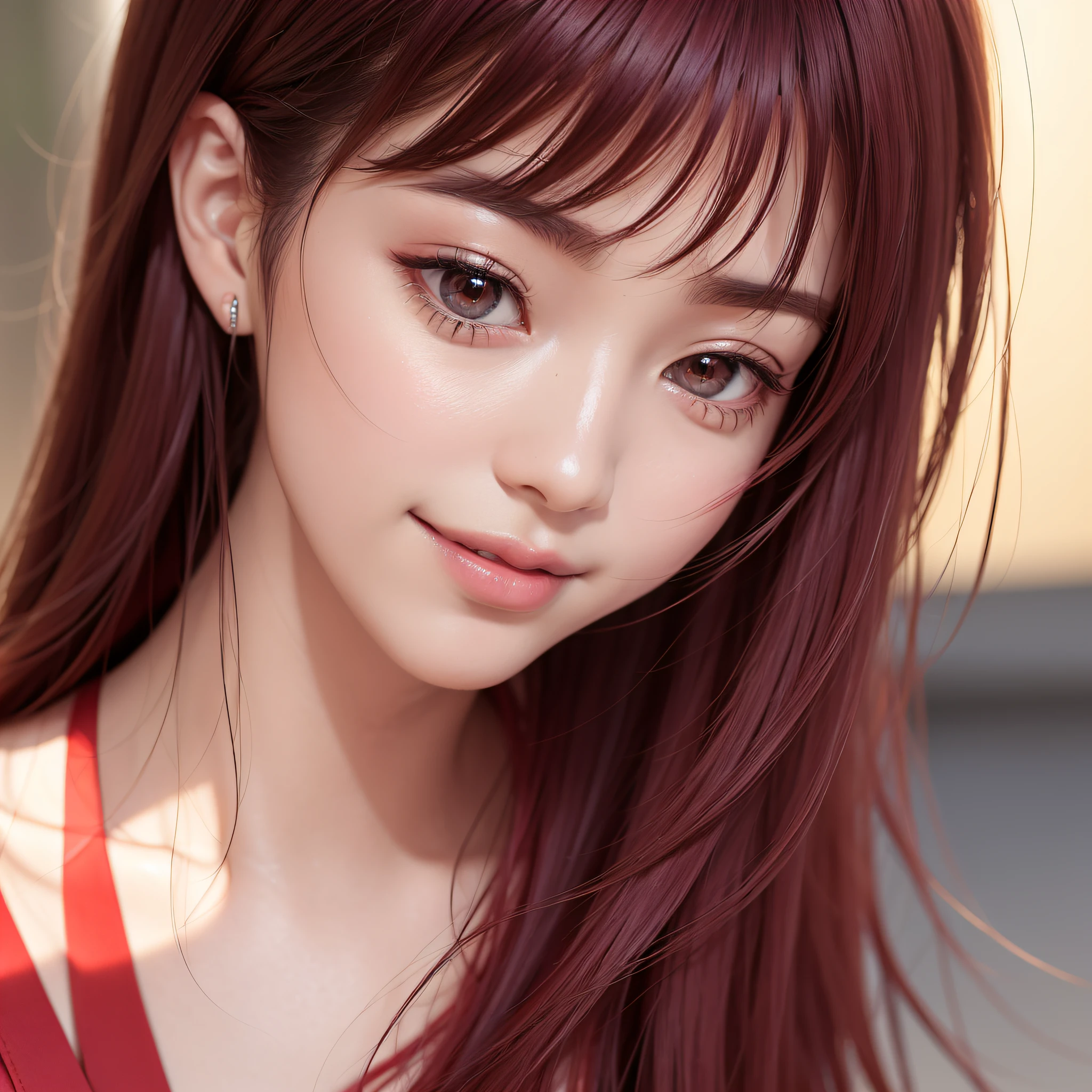 (8K、RAW Photos、Photorealsitic:1.25)、 Close-up one person's face、dark red and bright red,,, dark burgundy and bright crimson color,,, , (lipgloss、Eye lashes、Shiny face、shinny skin、best qualtiy、超A high resolution、depth of fields、chromatic abberation、Caustics、Wide range of lighting、Natural Shading) Look at the viewer and smile, Happy as a heavenly maiden、
