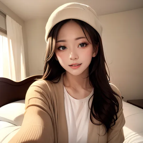 tmasterpiece， best quality at best， 1 rapariga， 独奏， brunette color hair， 围巾， hats， realiy， looking at the camera in， 黑the eye， l...