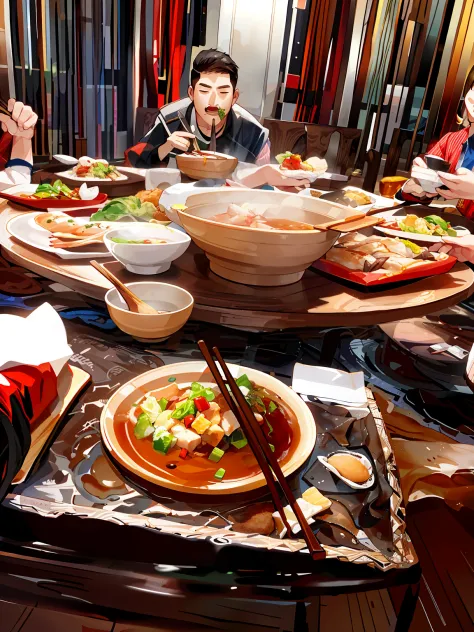 Several people sat at a table，On the table were plates of food and chopsticks, the table is full of food, Family dinner, closeup at the food, people inside eating meals, mukbang, Chinese, Eating, dinner is served, feast, Ready to eat, 2 0 2 2 photo, at a d...