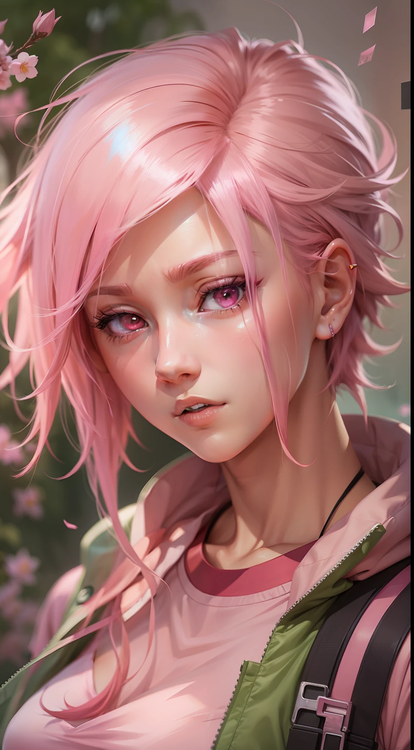 anime girl with pink hair and a pink shirt posing for a picture, sakura haruno, haruno sakura, sakura haruno in slug sage mode, anime inspired, anime style, 8k, anime style 4k, artwork in the style of guweiz, naruto art style, realistic anime art style, beautiful anime girl.