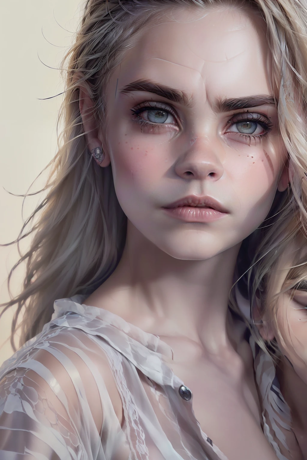 (((Cara Delevingne steht in ihrem Fotoatelier)), ((sie guckt verliebt)), ((she has round breasts)), (she's wearing an open shirt), (kleiner Kopf), ((detailliertes Gesicht)), (fotorealistisch), (Raytracing), (scharfer Fokus), ((natural realistic skin texture)), detaillierte Lippen, side_view_perspective