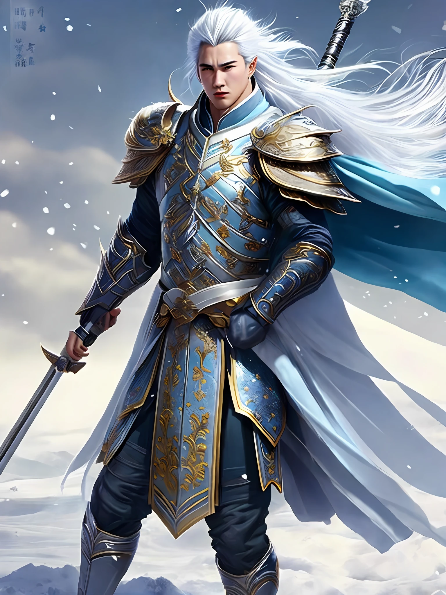 A man in armor holding a sword standing on top of a snow covered ground ...