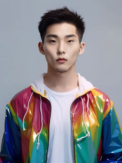 a male high school student，wearing pvc yellow school uniform