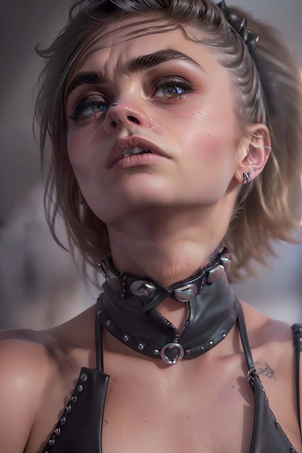 (((Cara Delevingne)), ((she looks in love)), ((she has round breasts)), (she wears a black leather dress), ((punk)), (small head), ((detailed face)), (photorealestic), (Raytracing), (keen focus), ((natural realistic skin texture)), Detailed Lips, (bottom_view)