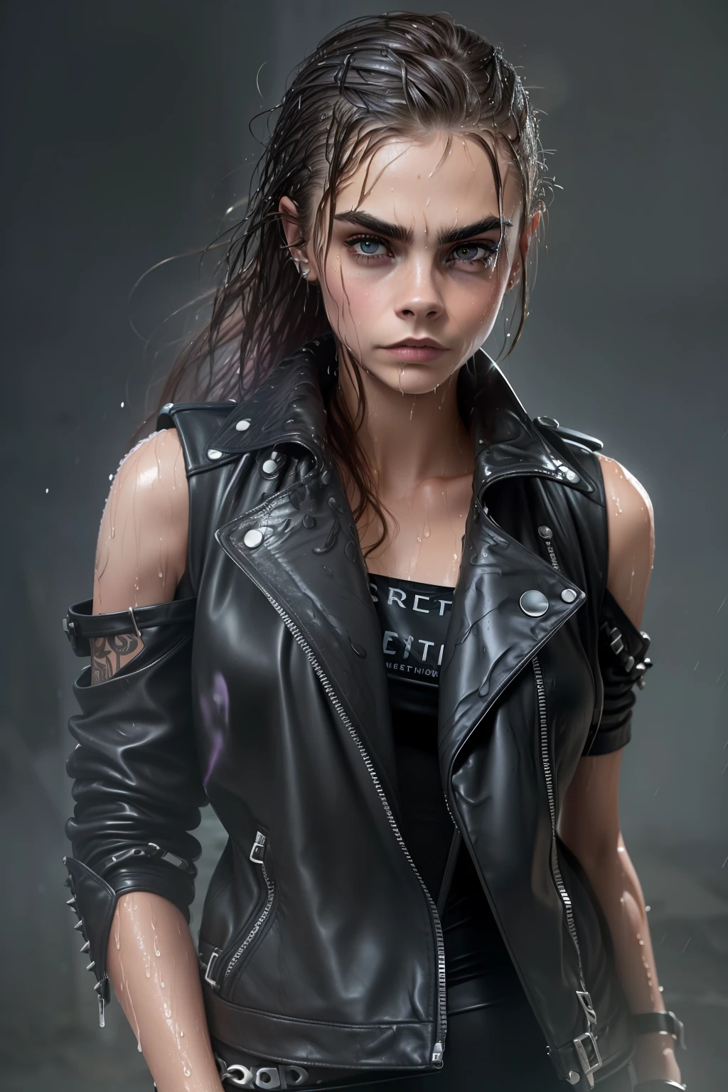 (((Cara Delevingne)), ((sie guckt verliebt)), ((she has round breasts)), (she wears a black leather dress), ((punk)), (kleiner Kopf), ((detailliertes Gesicht)), (fotorealistisch), (Raytracing), (scharfer Fokus), ((natural realistic skin texture)), detaillierte Lippen, (es regnet ein wenig), ((wet clothing)), ((wet hair))