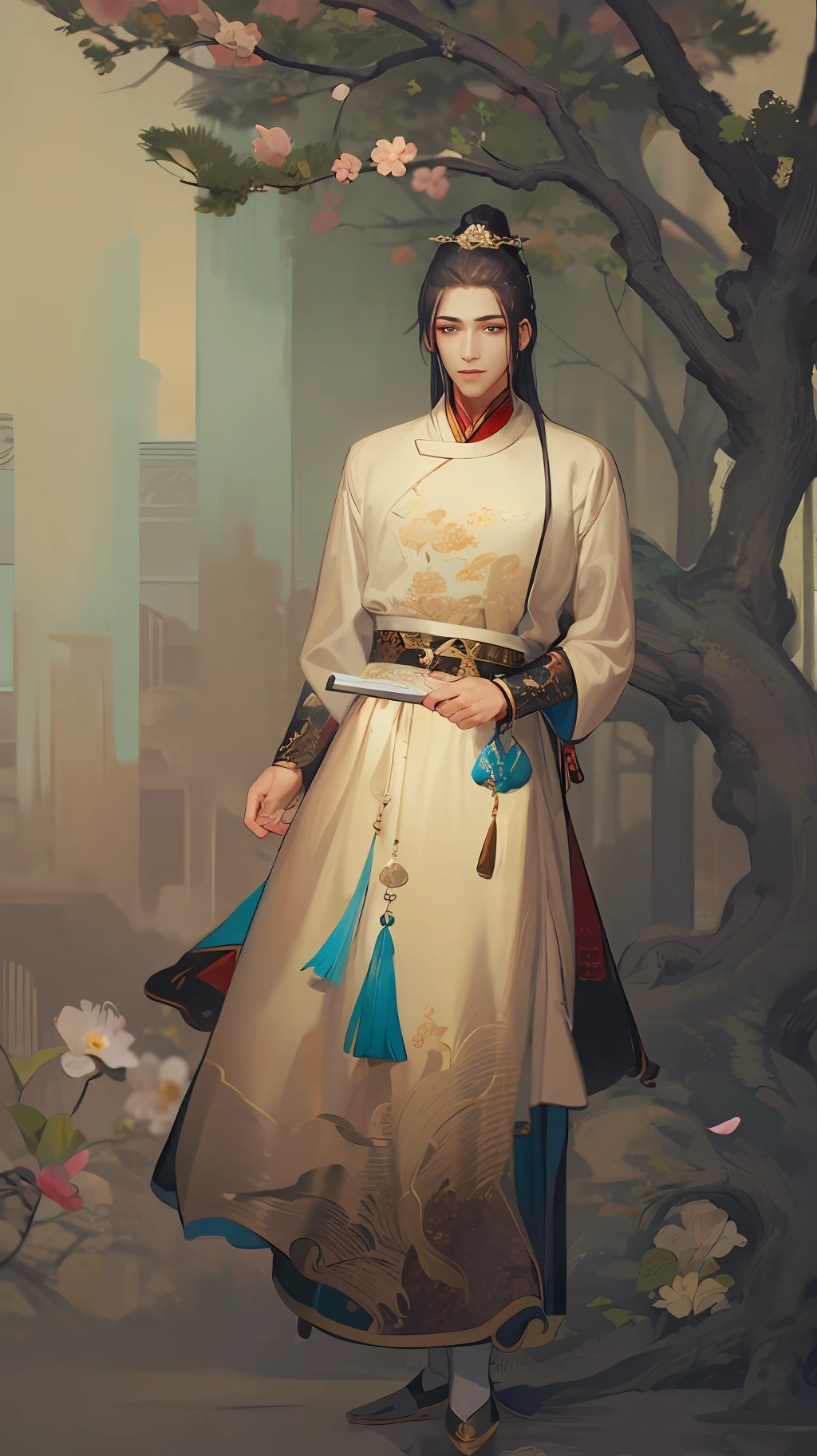 masterpiece, best quality, extremely detailed, detailed background, detailed face, hanfu, long hair, black hair, 1boy, chinese clothes, male focus, solo, branch, tree, long sleeves, robe, closed mouth, wide sleeves, flower