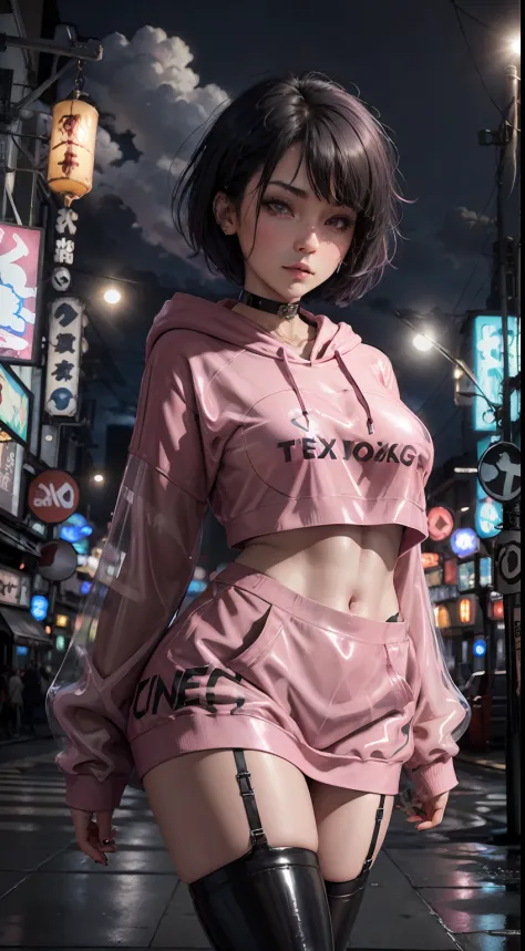 (sexy latex pink [:transparent:.6] oversized_hoodie:1.3) break [1boy:1girl:0.3], tomboy, solo, very short black hair, pixie cut,...