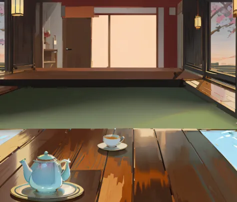 there was a teapot and two cups on the table, anime background art, interior background art, relaxing concept art, tea ceremony ...