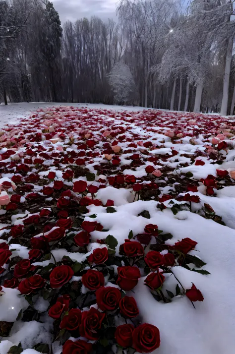 there are many snow-covered roses in the fields, with frozen flowers around her, rose garden, unbelievably beautiful, rosette, r...