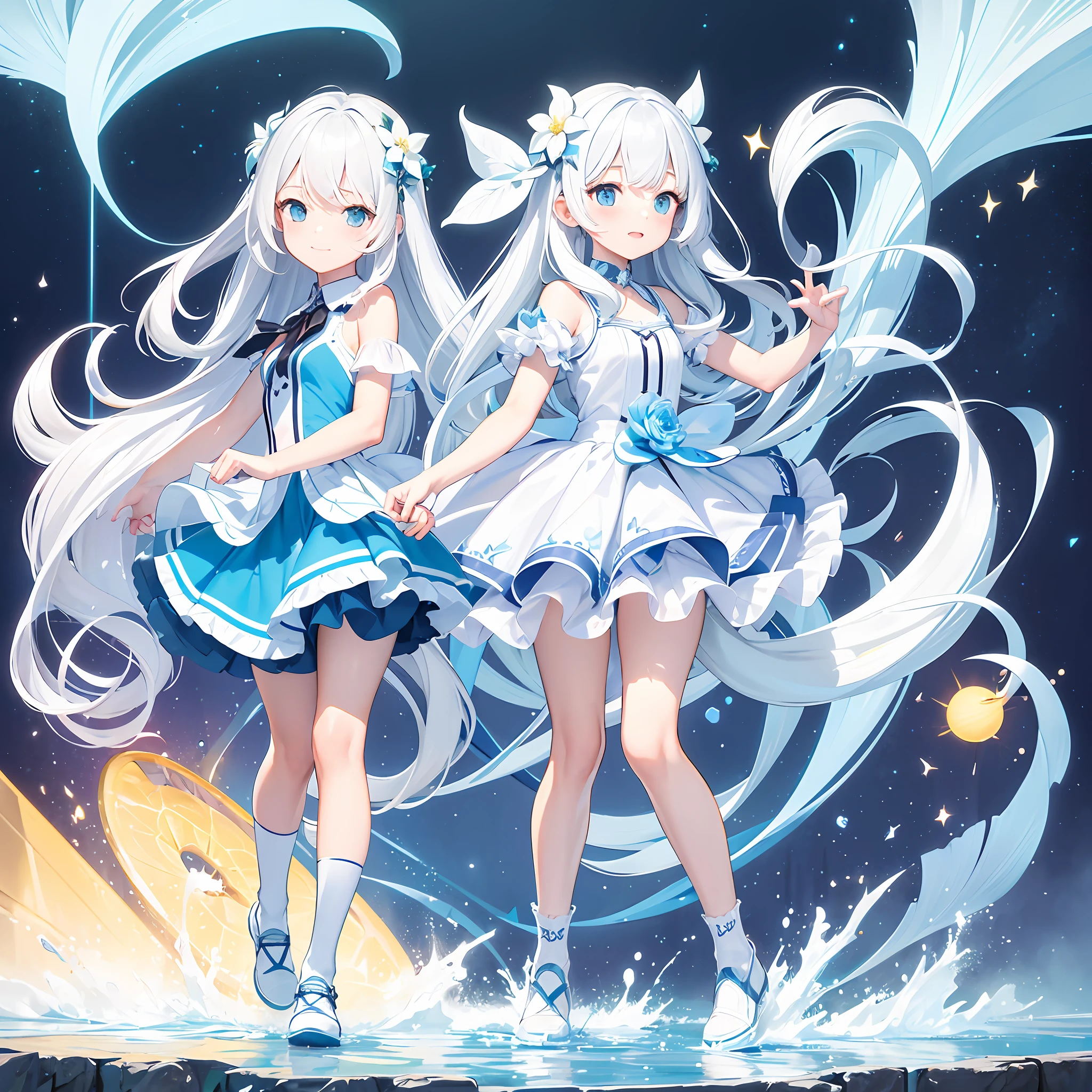 1080p，quadratic element，Kizi，Cute ，16 yaers old，long  white hair，slanted bangs，Issuing，corsage，Head flower，big laughter，Summer powder-blue and white waist skirt，Small leather shoes，cropped shoulders，hand behind back，white short socks，setting sun，Full body like --auto