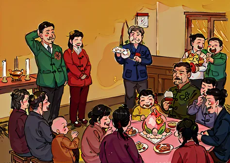 there are many people sitting around a table eating food, gta chinatowon art style, mapo tofu cartoon, xi jinping as winnie the ...