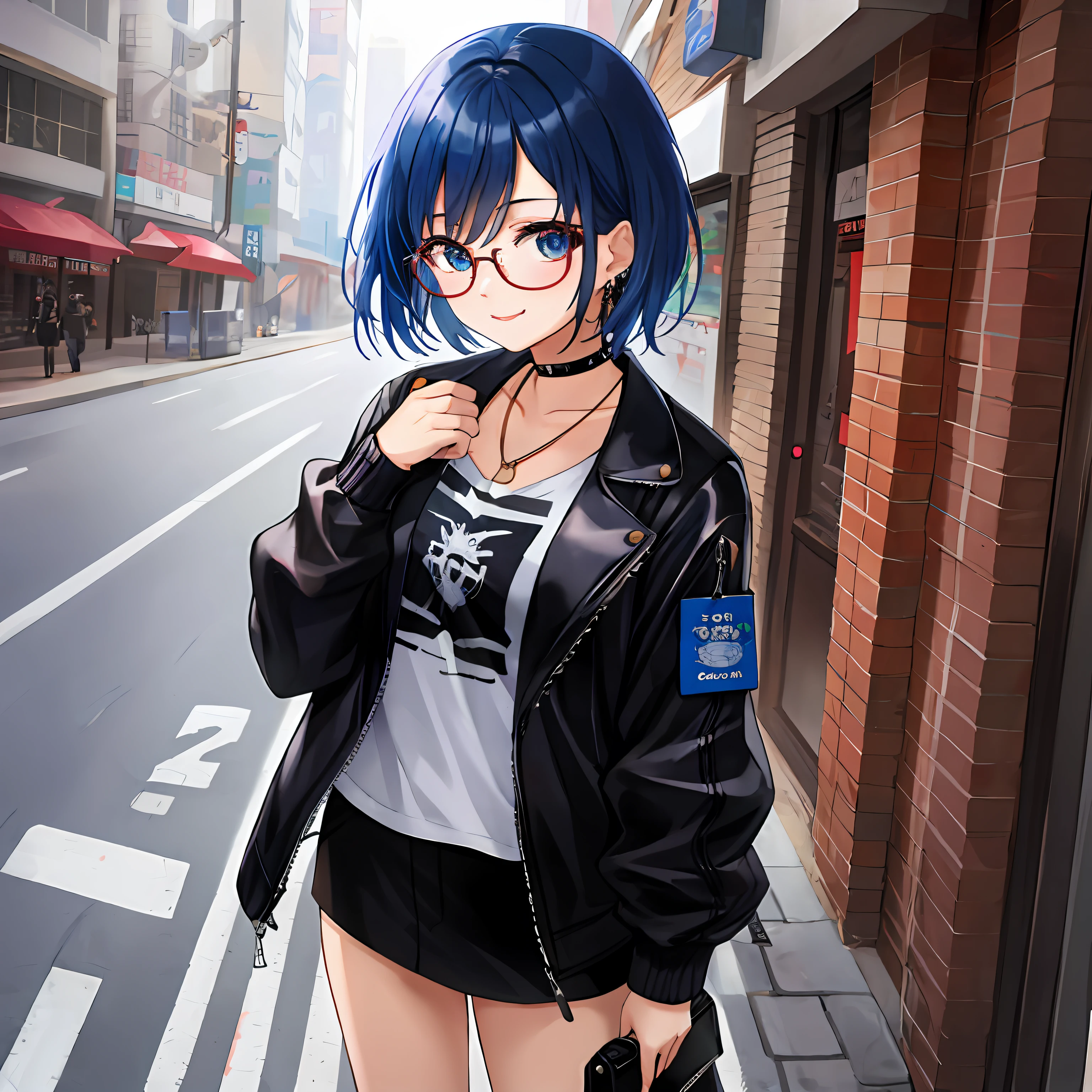 there is a woman with a black jacket and glasses on a street, wearing cyberpunk leather jacket, anime style mixed with fujifilm, girl wearing round glasses, wearing black frame glasses, with square glasses, shot on canon eos r 5, shot on canon eos r5, with short hair, korean girl, pretty girl with blue hair, cruel korean goth girl, she is wearing streetwear