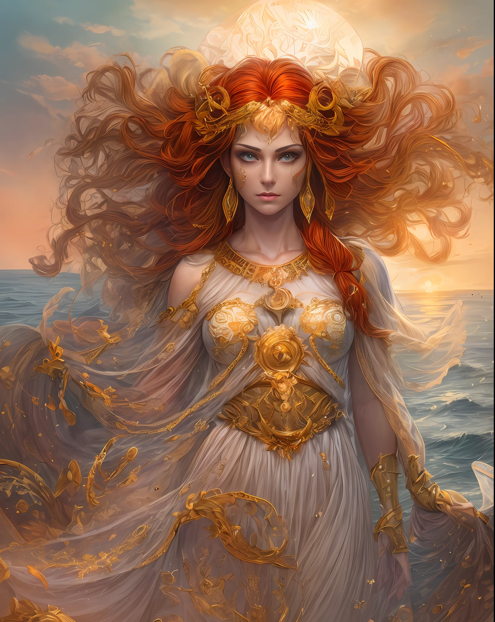 (不条理, 高品質, 非常に詳細な手), 星占い - 牡羊座の女神, ラテン系の優しさの顔に似ている, 勇気, わがまま, 生産的な, 進取的で人道的, 夕日の赤毛, 古代ギリシャの衣装, 透明なドレス, 背景には海, 全身, クリスタルファイアアイ (目の詳細), 力強い力の出現