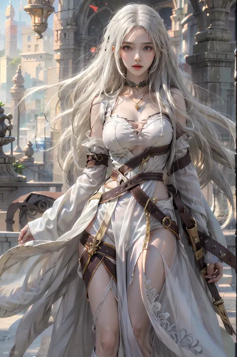 photorealistic, high resolution, 1 girl, hips up, white long hair, beautiful eyes, normal breast, dark souls style