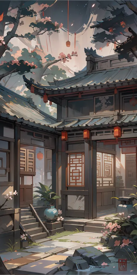 Antique game scene design，Corner of Jiangnan Ancient Town，Black night sky，the night，starrysky，Lanterns，big trees，florals，Flowers...