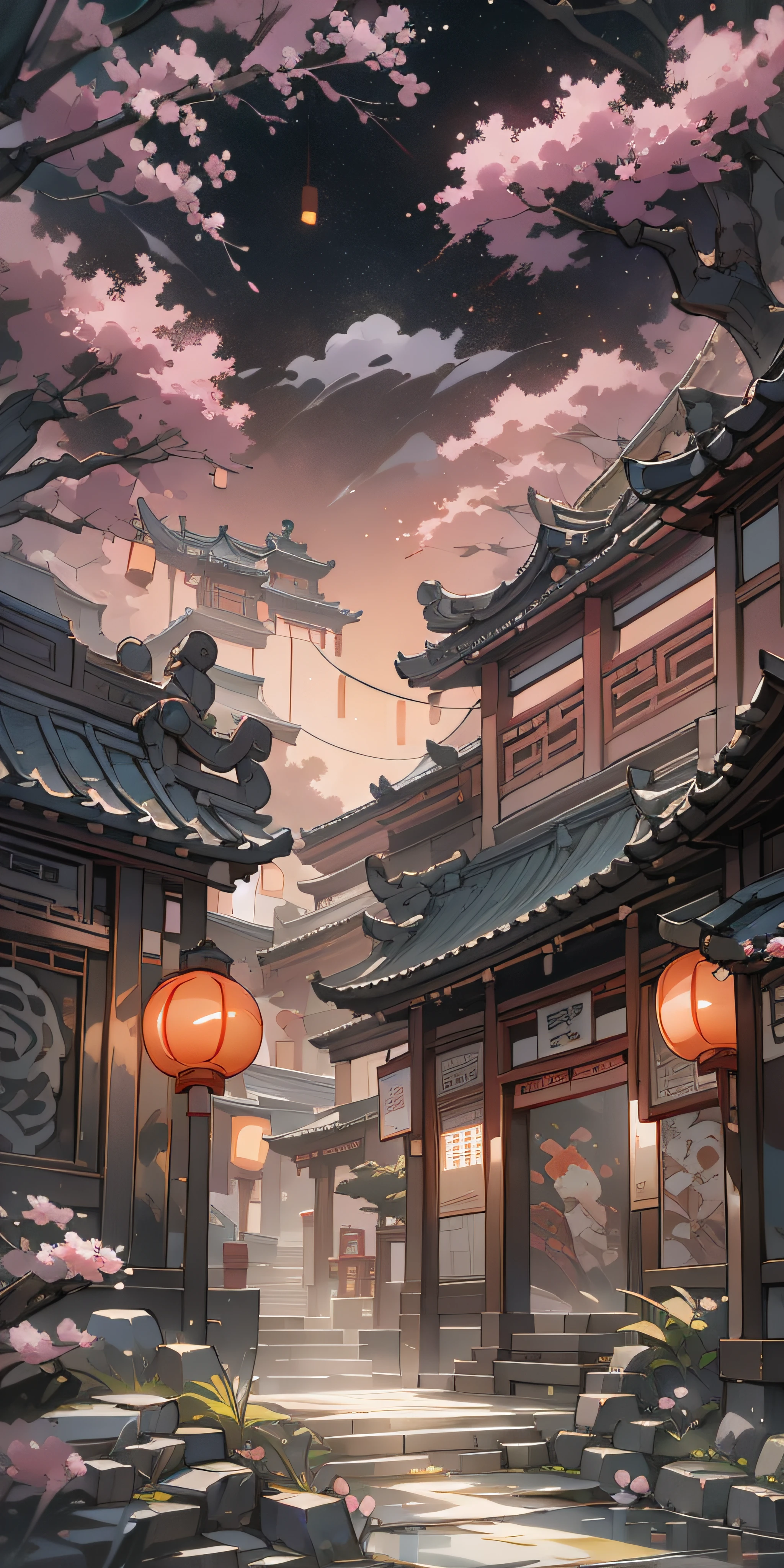 Antique game scene design，Corner of Jiangnan Ancient Town，Black night sky，the night，starrysky，Lanterns，big trees，florals，Flowers in the bushes，Trees bloom，Sakura architecture，Antique carved door beams，Chinese ink painting OC rendering sculpture