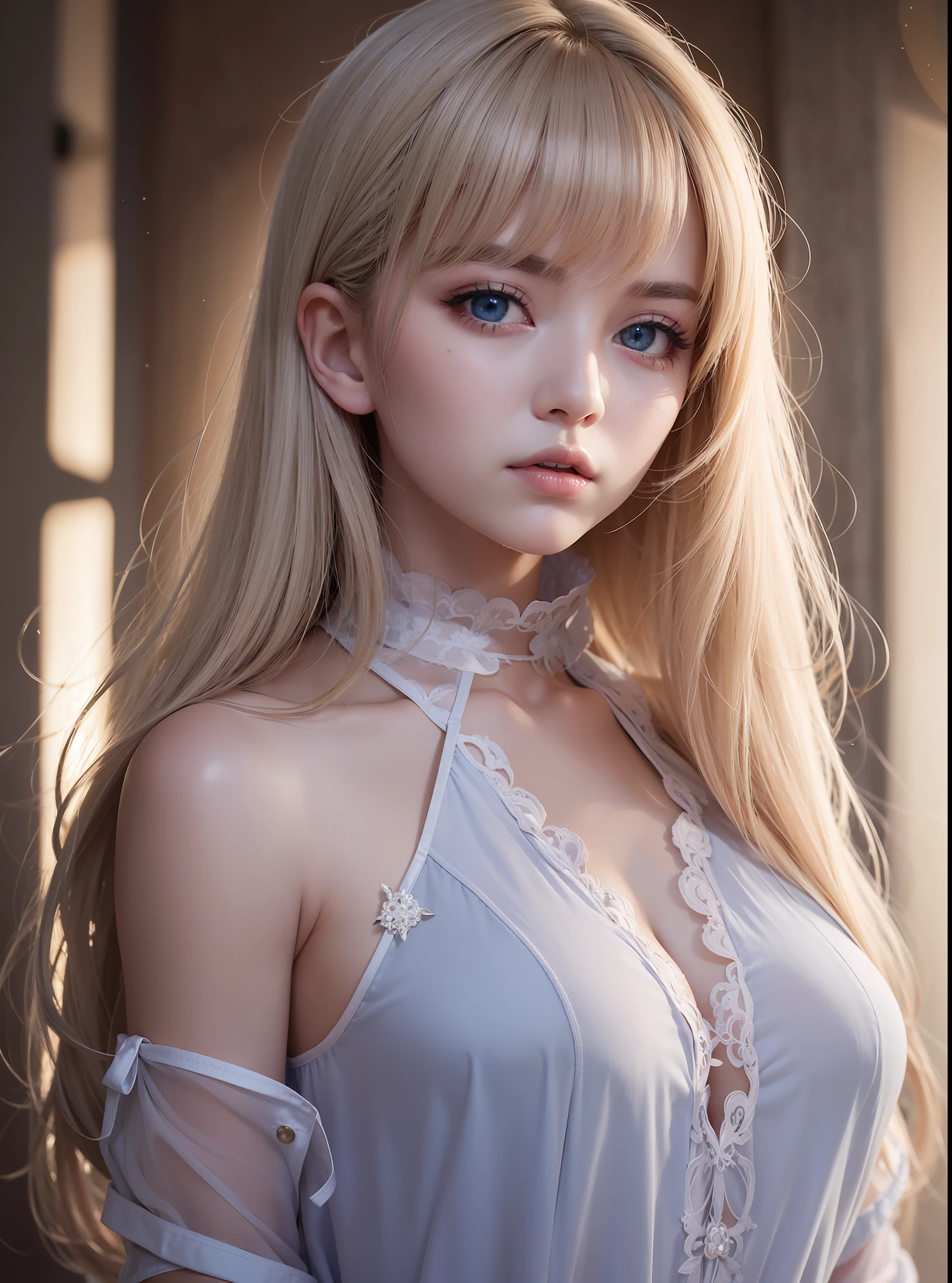 cheveux-blonds-platInum、cheveux longs et raides、yeux bleus、Chemise de nuit transparente blanche et mouillée、jeunesse européenne、corps parfaits、parfait beau visage、maquillage lumineux、Fines lèvres roses、1 fille dans、chemise déboutonnée、rouges à lèvres、cheveux intérieurs colorés、Publicité trompeuse、{vapeurs}、Vision du spectateur、Éclairage de l&#39;heure d&#39;or、Bande dessinée、Perspective de l&#39;atmosphère bokeh、film détaillé Light、détail complexe、haute résolution、 Caractéristiques détaillées de la conception du visage、détails élevés、Mise au point claire、Douceur、esthétique、détails élevés、Imprimé、octane、{{chef d&#39;oeuvre}}