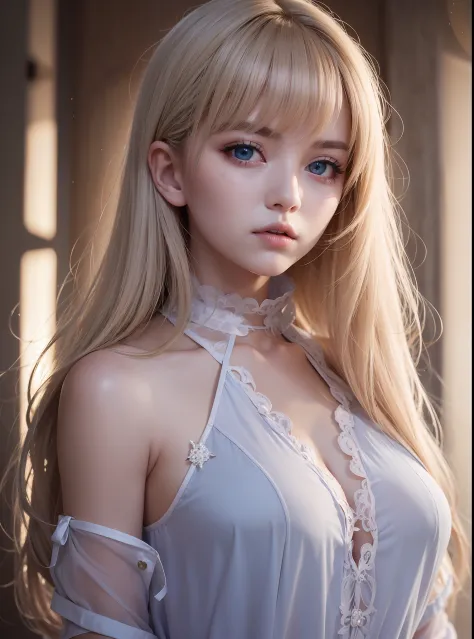 platinum-blonde-hair、Long straight hair、blue eyess、Transparent white and wet nightgown、European youth、perfect bodies、Perfect bea...