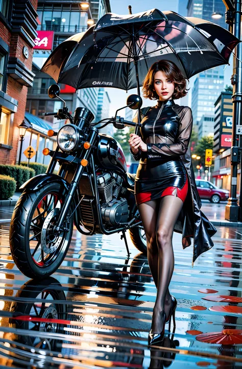 (a beautiful woman is holding an umbrella with a motorcycle behind her), (whitel blouse), (black pencil skirt), (((black pantyho...
