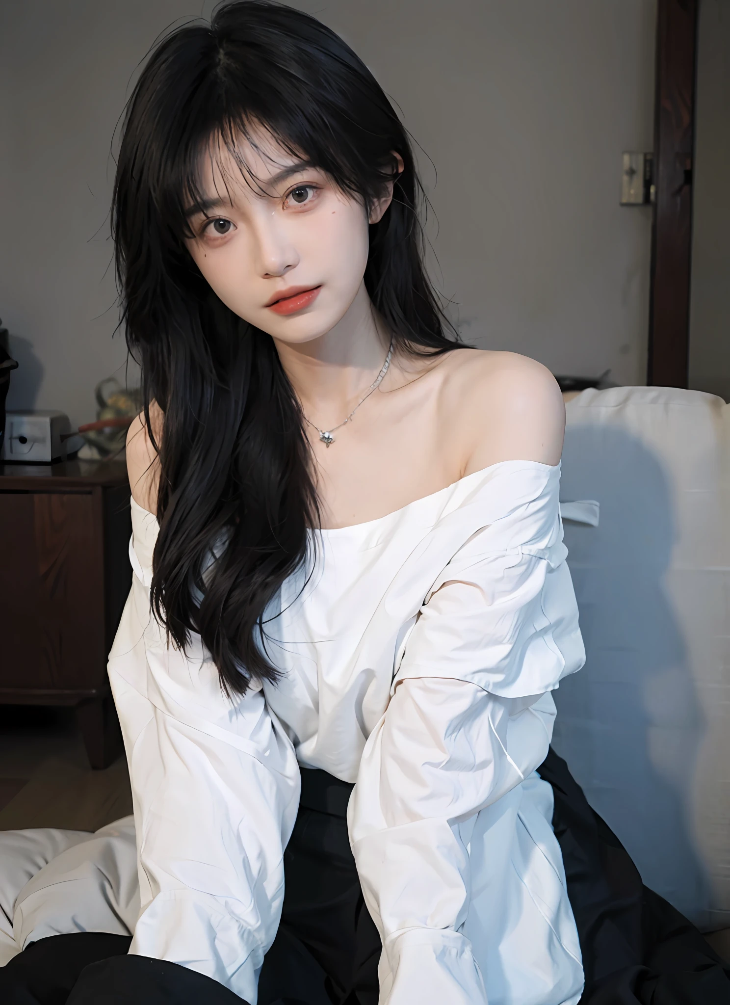 Best Quality, Ultra High Resolution, (Realistic:1.4), 1 Girl, Off-the-Shoulder White Shirt, Black Tight Skirt, Black Necklace, (Faded Gray Gray Hair:1), (:1.2), Looking at the Viewer, Close Up ,