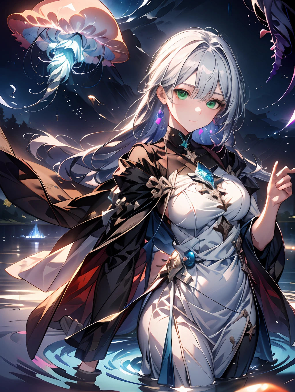 (absurdres, highres, ultra detailed), 1 female , adult, beautiful, tall girl, finely detailed eyes and detailed face, white long pink hair, green eyes, white dress with black jewellery crafted cape, standing on calm lake water, moonlight reflection on lake wate,(full moon:1.2), bioluminescence forest, jellyfish floating around the girl, (many glowing jellyfish:1.2) , (verious size jellyfish),  natural light and shadow, night time, glowing flowers, intricate details,There are shiny particles flying around the woman, fantastic, fairy tale, mysterious, shining sparkle (((wide angle zoom out shot:1.5))(