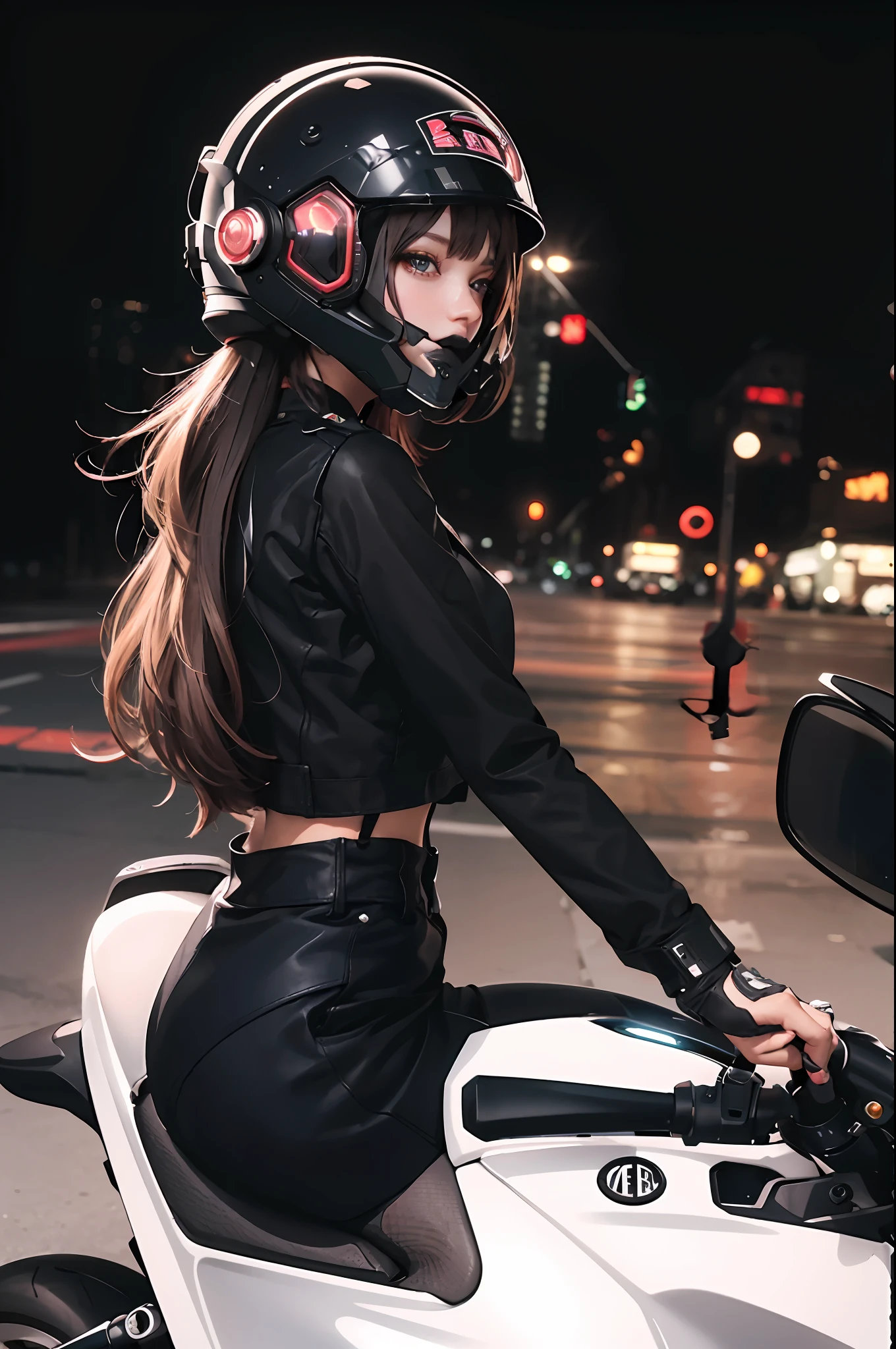 (melhor qualidade，Uma alta resolução)，Girl on motocicleta with helmet, 8 mil, 4k, Arte em estilo Guviz, 8K, garota ciberpunk, Papel de parede 4k, fanart de garota urbana, garota cyberpunk feminina, Papel de parede 4k, sentado na moto cyberpunk, motocicleta, riding a motocicleta