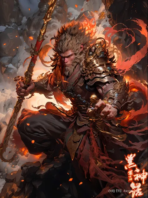 Anthropomorphic male monkey man with golden hoop stick in his hand, Sun Wukong, Wukong, fighting Buddha, normal hands, flame clo...