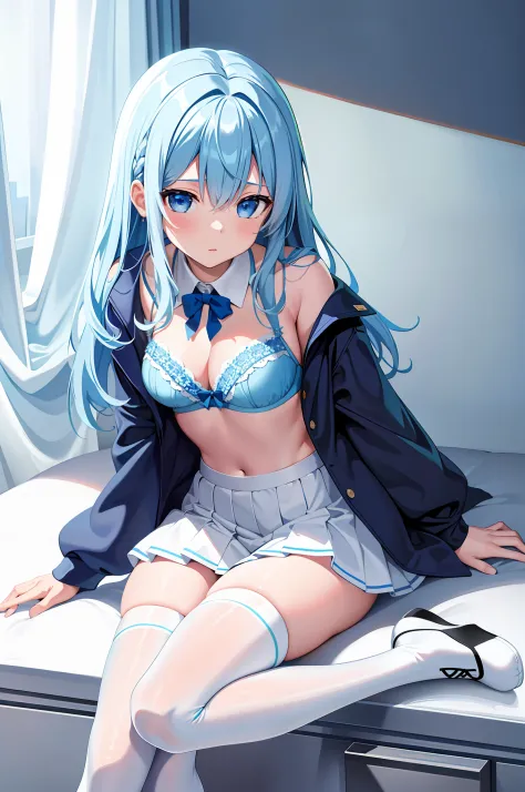 ​masterpiece、hightquality、女の子 1 人、gals、Light blue hair、light blue  eyes、student clothes、thigh-high socks、blue and white bra、Crazy breasts、valley、