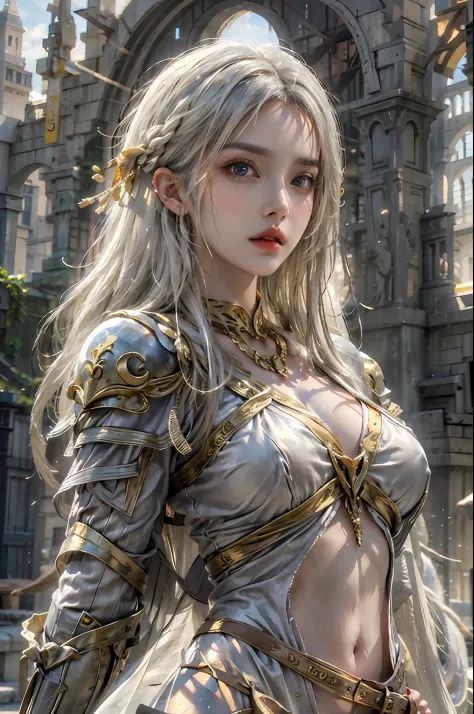 photorealistic, high resolution, 1 girl, hips up, white long hair, beautiful eyes, normal breast, dark souls style, golden armor