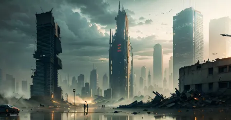 A city in a post-apocalyptic world，Drifting heavy rain，There are ruins everywhere，In the distance there are collapsed buildings。There was a faint crack in the sky，Not far away there is a military base。 --auto