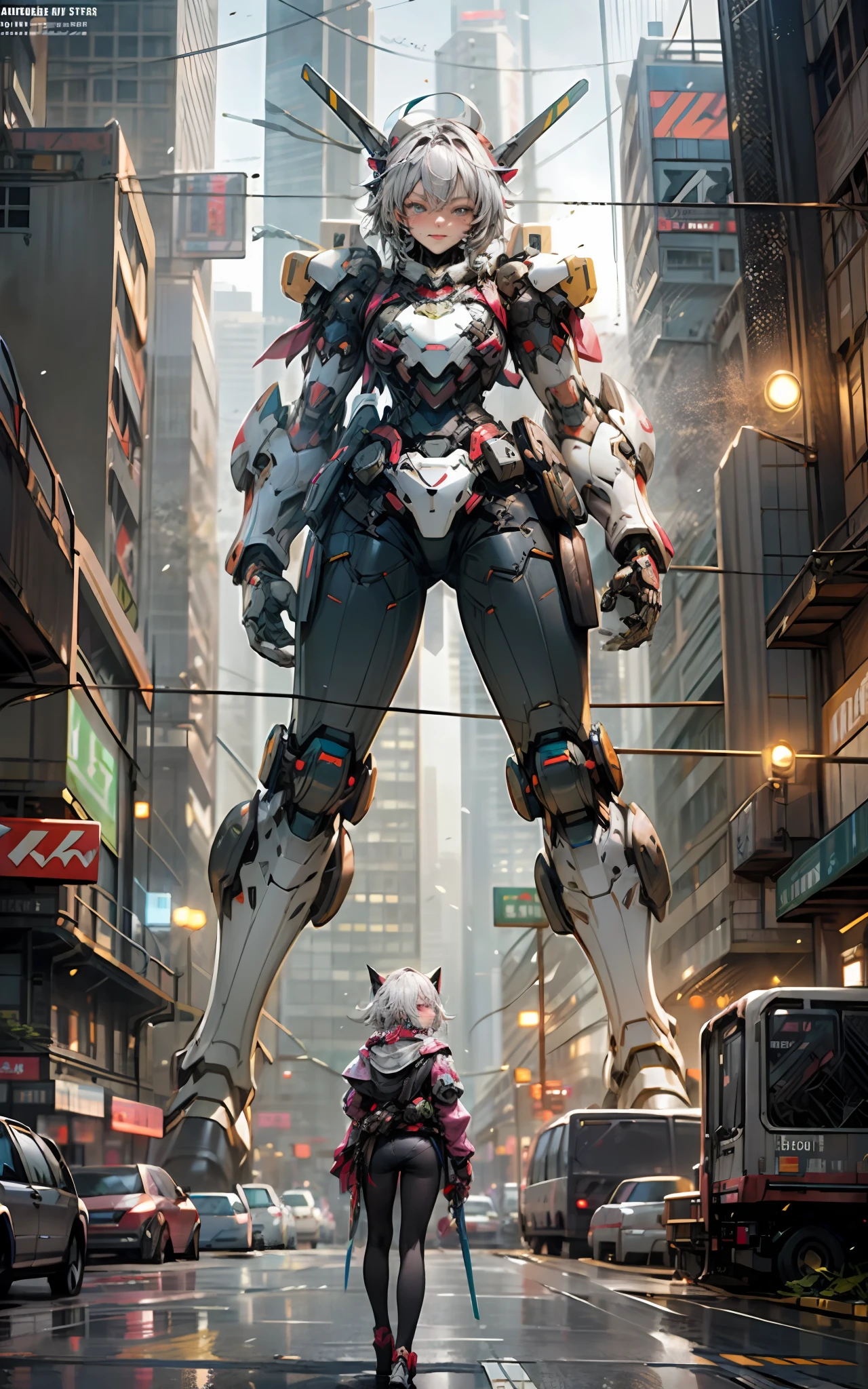 anime girl standing next to giant robot in a city, cyberpunk anime girl mech, digital cyberpunk anime art, ross tran 8 k, wojtek fus, artwork in the style of guweiz, by Russell Dongjun Lu, girl in mecha cyber armor, digital cyberpunk - anime art, guweiz on artstation pixiv, trending on cgstation