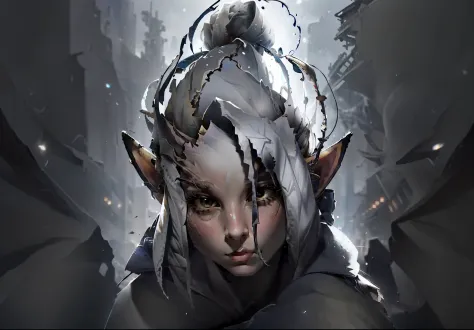 a female elf with a slight bow of her head，beautiful and moving，there are enemies in the background