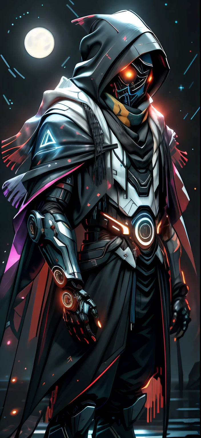 realistic,shiny,reflective,bioluminic, galactic cybernetic mask,mecha,(assassin:1.2),((((scarf,long cloak)))),sh4g0d,GlowingRunes_red,fullbody,cinemnatic,dark background,starry,big moon,backlight,high contrast,