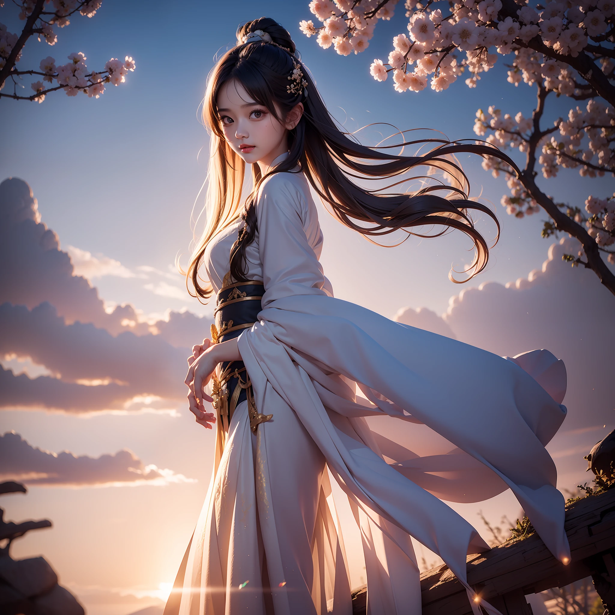 Tzuyu, 1girll, Solo, Black hair, Black eyes, Blush, [Straight hair|Wavy hair], (Messy hair, Fluffy hair, Long hair:1.1), scenery, Atmospheric lighting, Light rays, Bokeh, Depth of field, Sparkle, Red lips, child, Hanfu, branch, flower, jewelry, New Moon, Light smile, Wide sleeves, Glowing (8K, Best quality, Masterpiece:1.0),(Best quality:1.0), (超高分辨率:1.0)