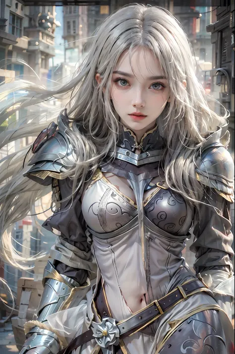 photorealistic, high resolution, 1 girl, hips up, white long hair, beautiful eyes, normal breast, dark souls style, knight armor