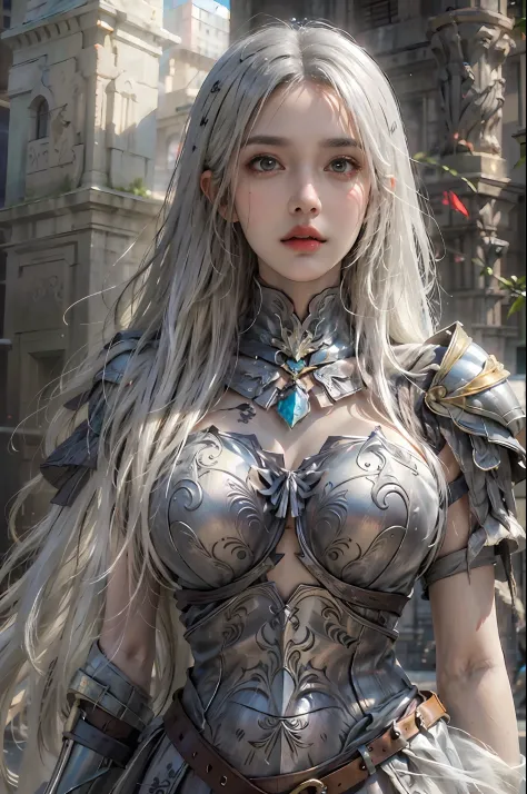 photorealistic, high resolution, 1 girl, hips up, white long hair, beautiful eyes, normal breast, dark souls style, knight armor