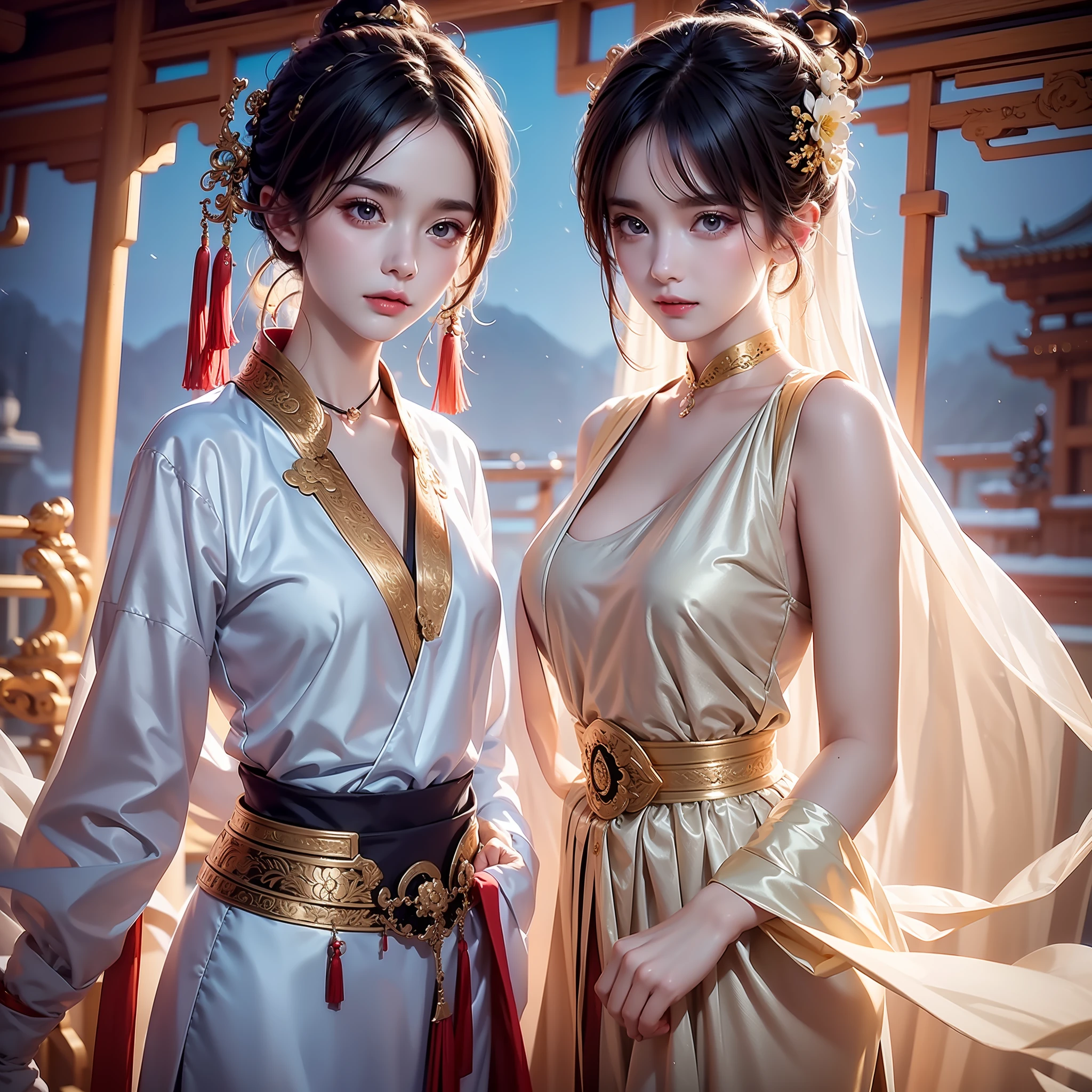 Best quality at best， tmasterpiece， beautiful  face,Kizi， long_hair， 独奏， upper_body， Porcelain dress，shift dresses，hair adornments， choker necklace， jewely， short detailed hair， 耳Nipple Ring， Chinese clothes， Random color eyes， transparent costume