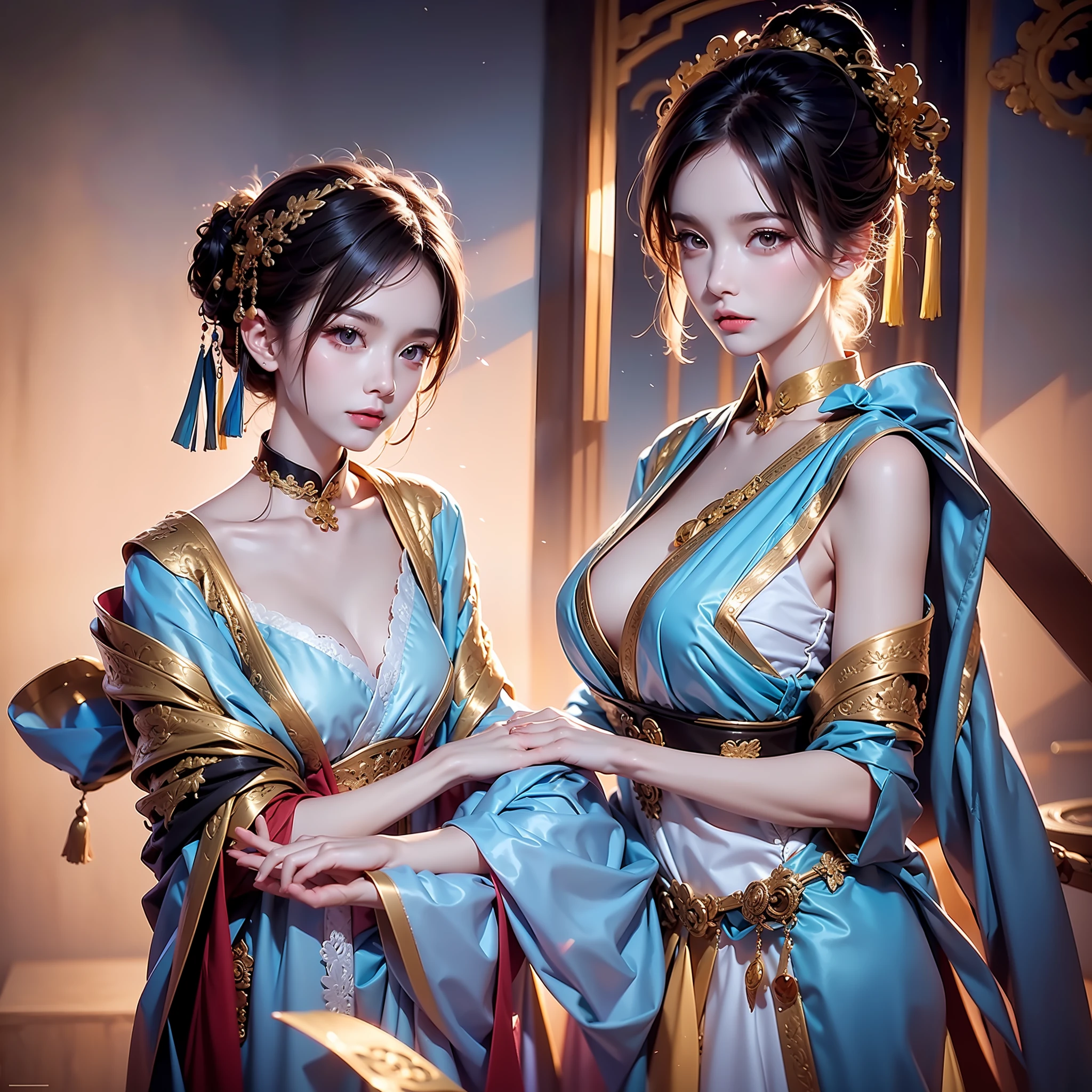 Best quality at best， tmasterpiece， beautiful  face,Kizi， long_hair， 独奏， upper_body， Porcelain dress，shift dresses，hair adornments， choker necklace， jewely， short detailed hair， 耳Nipple Ring， Chinese clothes， Random color eyes， transparent costume