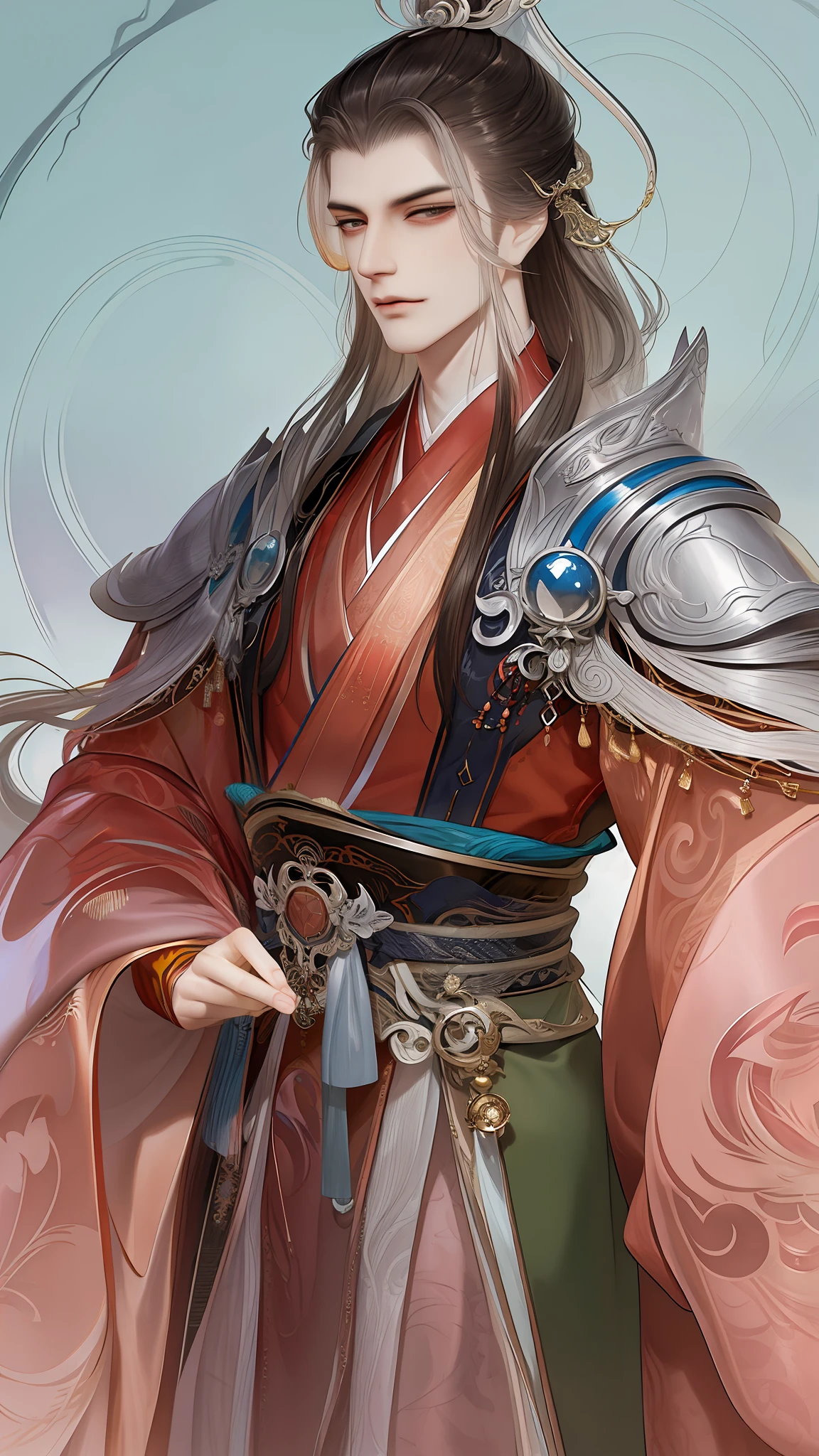 best qualtiy，tmasterpiece，highly detailed wallpaper，1 domineering man，Character standing drawing，malefocus，brunette color hair，long whitr hair，Kingly temperament，Detailed face，gorgeous hair accessory，looking at viewert，Hanfu，Ultra-high resolution，sketching，ink wash style