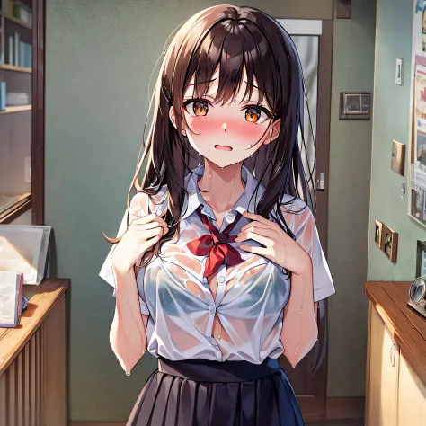 Sister, wearing school uniform, wet and bra see-through, 8K, Best quality, 14 years old, looking at camera, red cheeks, embarrassed, delicate hands, own room, I like my brother, I put my brother's hand on my chest