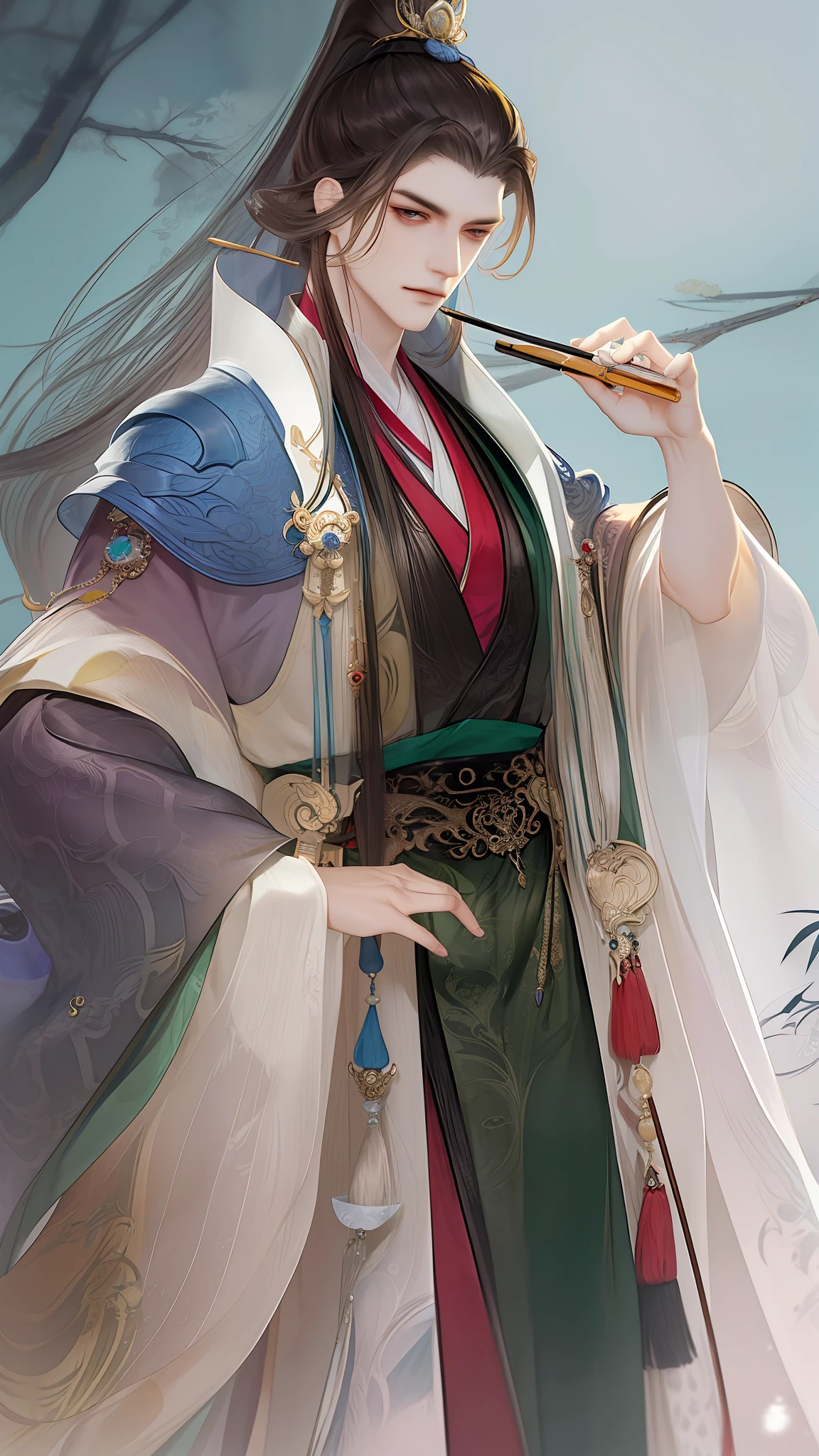 best qualtiy，tmasterpiece，highly detailed wallpaper，1 domineering man，Character standing drawing，malefocus，brunette color hair，long whitr hair，Kingly temperament，详细的脸，gorgeous hair accessory，looking at viewert，Hanfu，超高分辨率，sketching，ink wash style