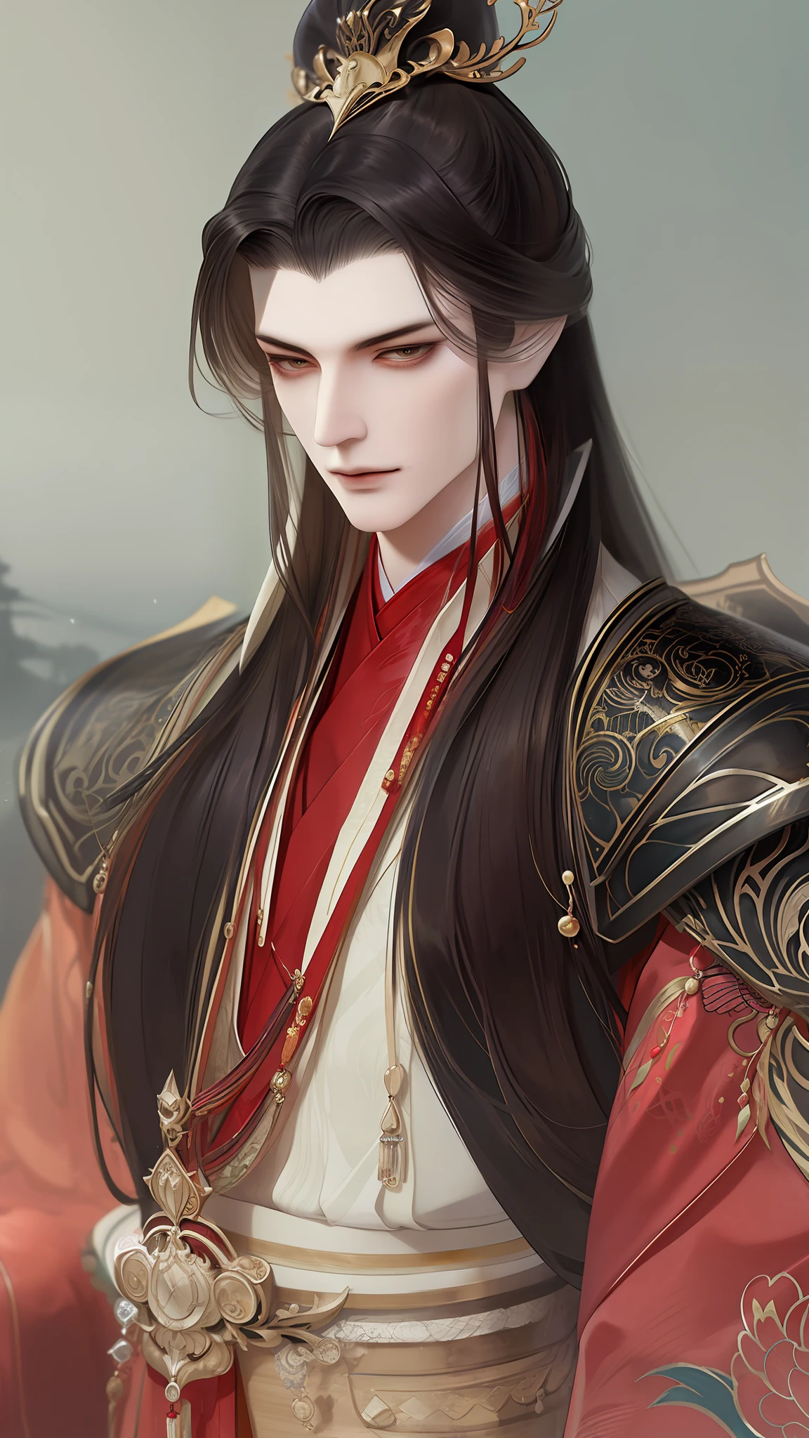 best qualtiy，tmasterpiece，highly detailed wallpaper，1 domineering man，Character standing drawing，malefocus，brunette color hair，long whitr hair，Kingly temperament，Detailed face，gorgeous hair accessory，looking at viewert，Hanfu，Ultra-high resolution，sketching，ink wash style