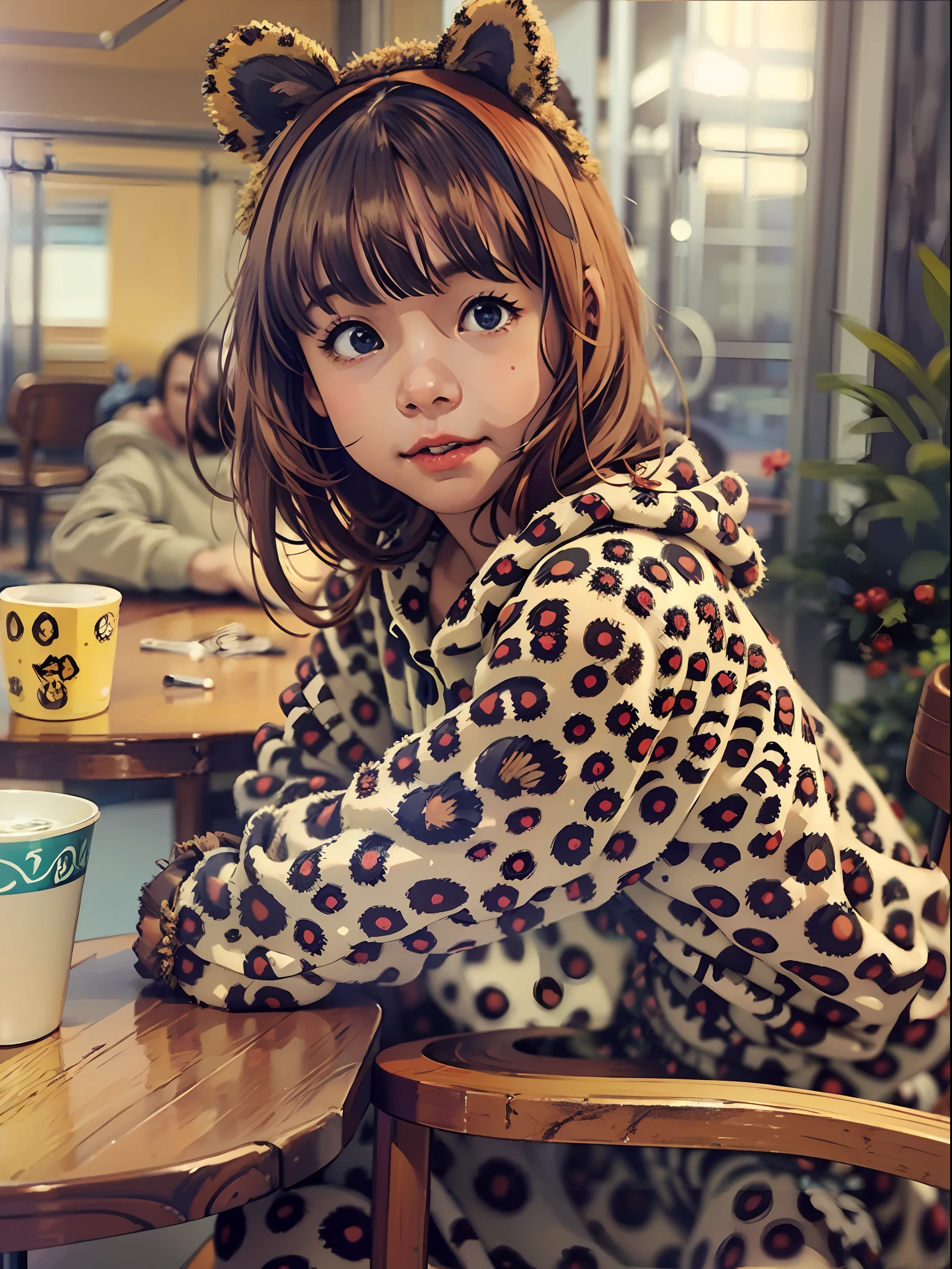 Young girl in leopard costume pajama is sitting at a table, spotted ultra realistic, Cute, extremely realistic photographs, real life anime girl, discovery, Very beautiful cute leopard girl, Cute:2, very very realistic, Cutest,