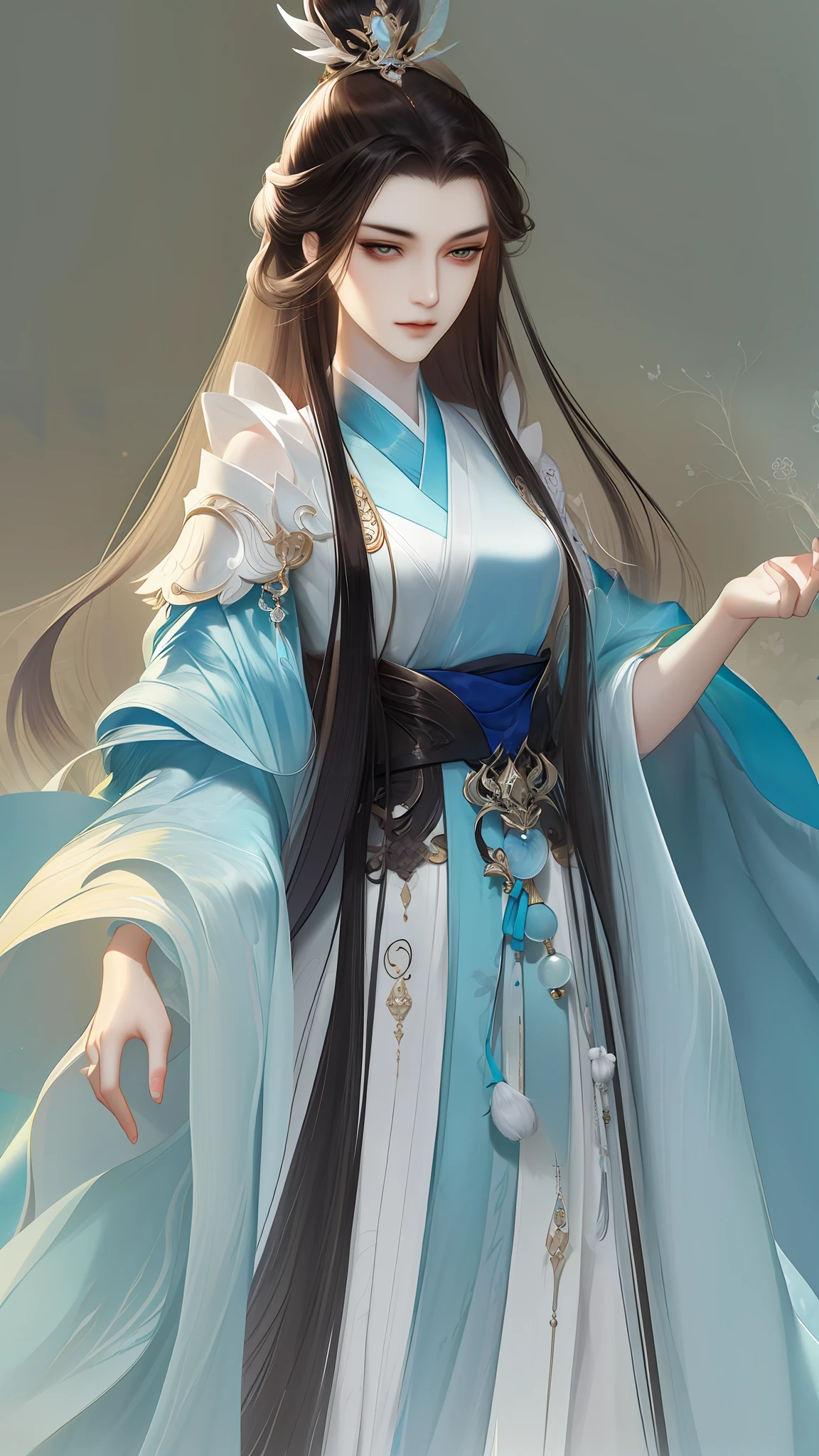 best qualtiy，tmasterpiece，highly detailed wallpaper，1 especially beautiful woman、pretty eyes，Character standing drawing，malefocus，brunette color hair，long whitr hair，Kingly temperament，详细的脸，gorgeous hair accessory，looking at viewert，Hanfu，超高分辨率，sketching，ink wash style