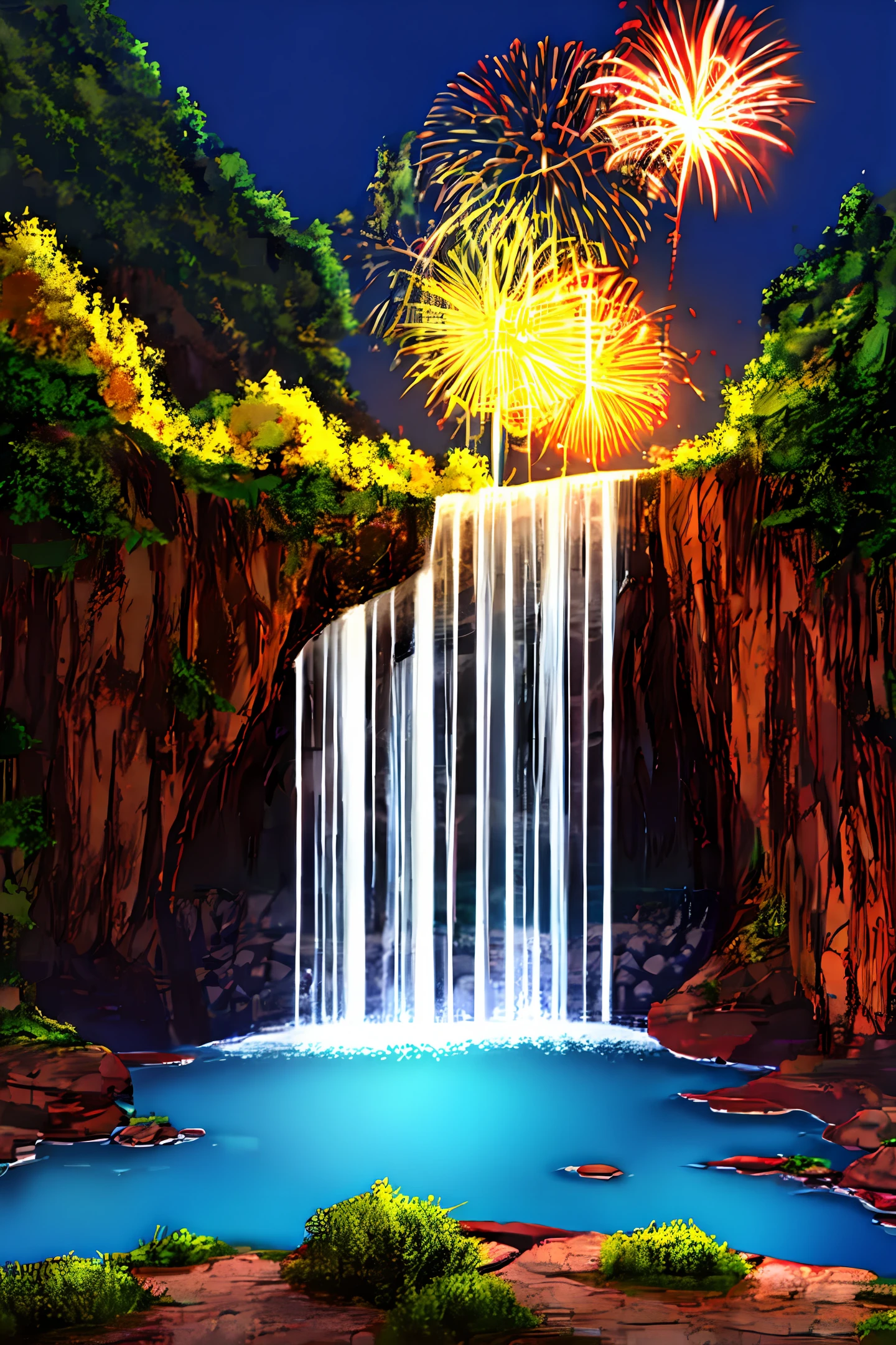 幻想的な花火と滝
