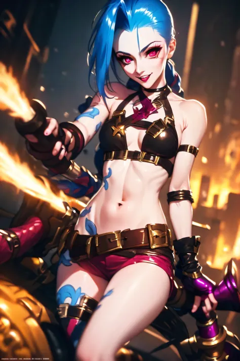 (Jinx,League of Legends heroes),best quality, official art, 8k wallpaper, highly detailed, illustration, detailed eyes, pretty jinx with weapon in hand, full body,Wearing a lot of clothes，Holding weapons in hand, emitting blue light, in battle, cool backgr...